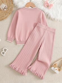 年轻女孩的毛衣套装 - 甜美厚重 3D 手工蝴蝶结和珍珠缀饰粉色针织套装，宽松百搭时尚长袖套头衫 + 裤子两件套，适合秋冬季日常穿着、外出和旅行 - 粉色 - 查看 2