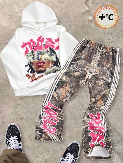 2 ชิ้น ชุดเสื้อฮู้ดดี้พิมพ์ลายกราฟิกสบายๆ สำหรับเด็กผู้ชาย/วัยรุ่น และกางเกงวอร์มทรงหลวม