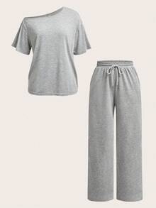 SHEIN PETITE 女款灰色夏季休閒日常兩件套，極簡街頭風露肩T恤與寬腿運動長褲套裝，基礎日常穿著衣物，適合嬌小女性 - 灰色 - 查看 5