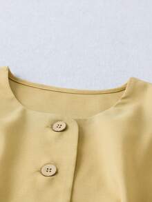 SHEIN Franclia Bộ 2 món áo dài tay và quần short tối giản màu trơn dành cho nữ, trang phục thường ngày - Màu vàng ngỗng - Xem 3