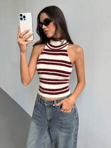 Aloruh Vintage gestreifter Rollkragen Strick Trägerhemd, Sommer, Herbst für Frauen, Damen Winter Pullover, Burgunder Top, schicker Pullover für Frauen, Tops für Ausgehen, Neujahr Frauen, Weihnachten Frauen, Halloween für Frauen, rot-weiß gestreifter Basic Pullunder, ärmelloses Pullover Top, Y2K, Old Money Stil