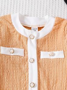 Young Girl' Black & White Color Block Pearl Button Patchwork White Hem Dress - Orange - View 7