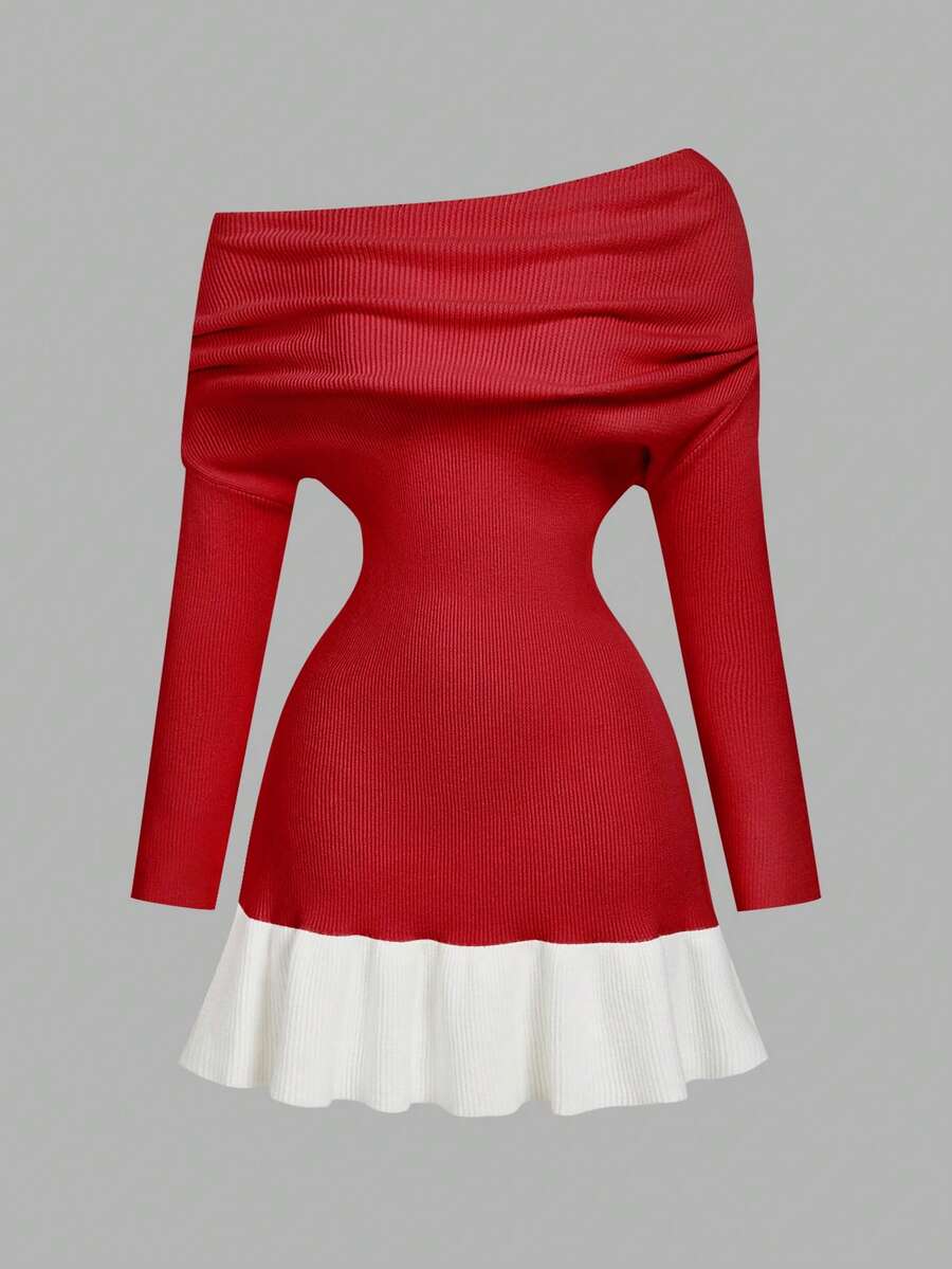 SHEIN MOD 女款紅白色不對稱肩針織洋裝 秋冬款 - 紅白色 - 查看 1