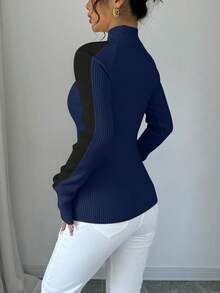 Rafferiza Women's Casual Ribbed Contrast Color Turtleneck Basic Top - Navy Blue - View 2