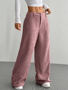 SHEIN Unity 1pc Women's Corduroy Straight Leg Pants, Front & Back Pockets Design, Casual Everyday Campus Wear Wide Leg Trousers, Lotus Root Color - Dusty Pink - View 3