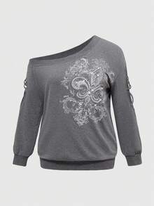 ROMWE Grunge Punk Áo nỉ hở vai họa tiết đá Rhinestone cổ điển cỡ lớn cho nữ, dáng thon - Màu xám đen - Xem 1