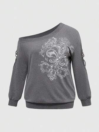 Grunge Punk Sudadera holgada para mujer de talla grande con patrón retro, aplicaciones de strass, mangas caladas y escote cruzado al hombro, efecto estilizante