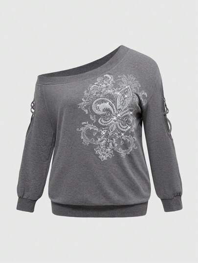 Grunge Punk Pull surdimensionné pour femme avec motif rétro, strass, manches évidées et épaules dénudées, effet amincissant