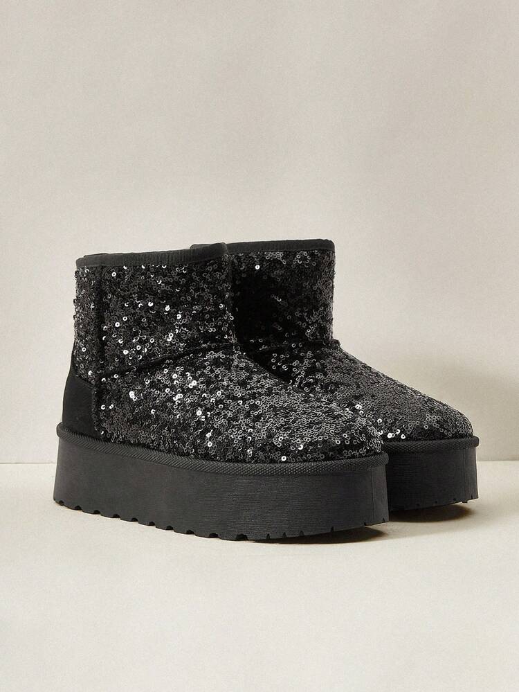Women's Autumn/Winter Thick Warm Sequin Shiny Party Patchwork Round Toe Platform Anti-Slip Fashion Versatile Fairy Style Black Boots Snow Boots For Commuting & Outdoor For Christmas