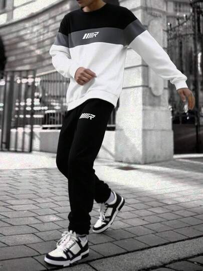 SHEIN 两件套青少年男童撞色字母印花长袖圆领卫衣+黑色长裤，休闲校园套装，舒适时尚，适合日常穿着、上学、郊游、户外活动，秋冬季青少年男童运动套装，青少年男童秋冬休闲两件套，男童两件套冬季服装套装，男童运动服套装，男童运动服套装
