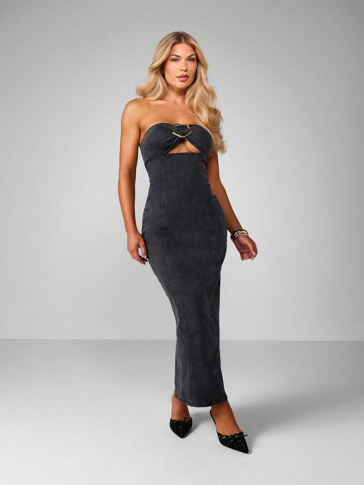 MISSGUIDED Strapless Denim Bodycon Midaxi Dress With Metal Ring Detail For Party Occasions