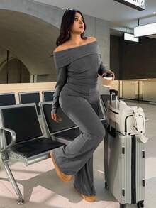 SHEIN EZwear Plus Size Casual & Homewear Minimalist Off Shoulder Ribbed 2 Pieces Set - Dark Grey - View 4