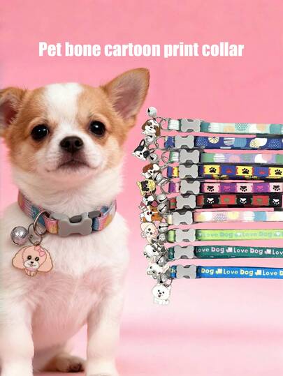PETSIN 1 Piece Pet Cartoon Printed Collar; Cute Dog Pendant Collar; Adjustable Size Collar; Bone Style Buckle; Pet Accessory; Pet Supplies.