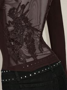 SHEIN ICON Fitted Long Sleeve T-Shirt With Embroidered Floral Mesh Back Panel - Brown - View 8