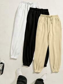 EMERY ROSE Conjunto de sudadera con capucha de felpa informal y pantalones con cordón en la cintura y atados en los tobillos para mujer, de color contrastante