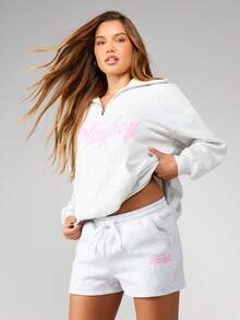Missguided x Playboy 麻灰色抽绳慢跑短裤，兔子标志印花，适合夏季休闲家居服 - 淺灰色 - 查看 2