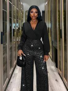 Xyvia 秋冬优雅女士 V 领宽松褶皱系带亮片连体裤，适合派对、圣诞节、万圣节、新年、约会、通勤、复古风格 - 黑色 - 查看 4