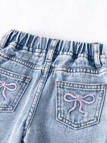 SHEIN Quần jeans denim đơn giản cho bé gái, túi thêu hình bướm, cạp chun, màu xanh đa năng + đen đã giặt, chất liệu denim mềm mại, thoải mái, thời trang không thể thiếu - Nhiều màu - Xem 3