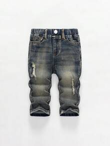 Baby Boy Fall Casual Fashionable All-Match Distressed Washed Vintage Dark Blue Elastic Denim Jeans - Dark Wash - View 2
