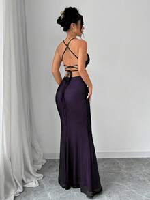 Elenzga V 领撞色蕾丝露背交叉带鱼网美人鱼下摆紧身吊带裙女式长裙 - Bold Plum - 查看 2