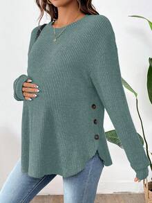 SHEIN 孕妇纯色圆领落肩长袖侧扣哺乳上衣 - 綠色 - 查看 3