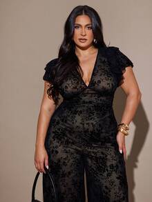 SHEIN BAE 加大码女式优雅大号花卉网眼印花紧身 V 领连衣裙，长款，合身，修饰手臂，适合日常、外出、约会、下午茶、度假、春夏季、返校季女式连体裤优雅女式正式、女式生日连体裤、连体裤 - 黑色 - 查看 2