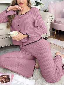 女士休闲加绒长袖上衣和裤子家居服两件套睡衣套装，女士两件套长袖家居服套装，冬季服装 - 藕粉色 - 查看 7