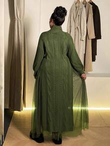 Maweii Plus Size Women Solid Stand Collar Double Slit Long Mesh Two Pieces Sweater Dress Setwinter Christmas Summer Party Elegant New Year - Green - View 2