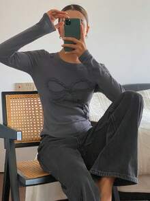 DAZY 女式纯色修身圆领长袖蝴蝶结休闲T恤，秋冬 - 灰色 - 查看 7