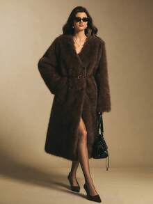 Poéselle Women's Solid Color Long Sleeve Double-Breasted Long Loose Casual Faux Fur Coat, Chocolate Brown Faux Fur Maxi Coat – Elegant Longline Winter Outerwear For Women, Holiday & New Year 2025 Statement, Cosy Winter Ideas, Baddie Street Style, Christmas Party Coat, Luxury For Women, , 70s , 70s Fashion - Brown - View 4