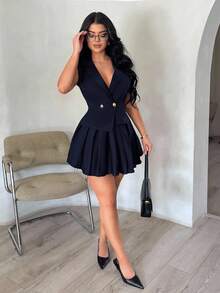 SHEIN SXY 夏季简约优雅性感纯黑色修身西装套装 - 无袖不对称下摆定制背心和迷你褶裙两件套，适合约会、聚会、生日、派对、正式场合、办公室通勤、秋冬商务休闲女性 - 藏蓝色 - 查看 4