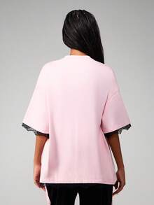 Missguided x Playboy Rhinestone Number 53 Oversized T-Shirt With Lace Trim Detail For Casual Streetwear - Pink - View 2