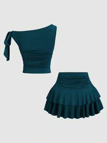 Sweetra 女式夏季金属花朵装饰细肩带背心和褶皱多层迷你裙套装 - 水鴨藍 - 查看 2