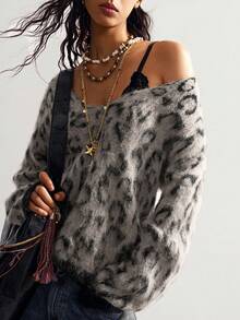 Bohemela 波西米亚风秋冬外套，女士复古红色豹纹不对称肩部宽松针织套头衫V领毛绒毛衣，西部乡村风格音乐会度假装，适合度假、日常穿着、返校季、圣诞节、新年等场合。 - 杏色 - 查看 4