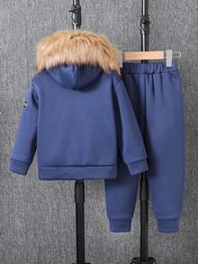 SHEIN 2 件套年轻男孩标语印花拉链连帽运动衫和运动裤休闲装，秋冬 - 藍色 - 查看 2