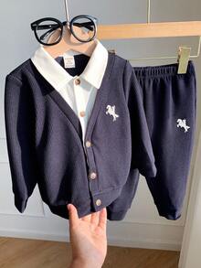 SHEIN 2 件套男婴可爱休闲拼色长袖运动衫和慢跑裤运动服套装，适合生日派对、狂欢派对、晚会、表演、婚礼、迎婴派对、1 岁生日庆祝、圣诞派对 - 彩色 - 查看 8