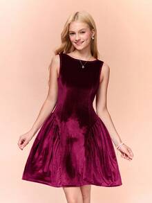 Robe courte élégante de princesse pour filles adolescentes, décolleté carré, sans manches, taille cintrée. Robe de cocktail en velours rouge vin - Rouge foncé - Voir 5