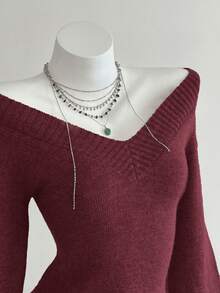 Elamini Áo len tay loe cổ chữ V trơn màu thường ngày cho nữ, mùa thu/đông - Đỏ - Xem 5