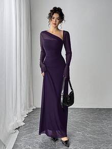 秋季女士网纱修身长袖腰部褶皱不对称领口A字下摆长连衣裙度假吊带裙 - 紫色 - 查看 4