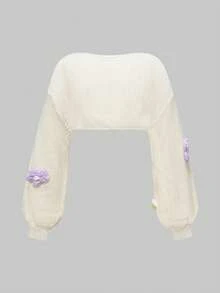 ROMWE Kawaii 大码女式休闲多层可爱钩针 3D 花卉装饰灯笼袖开衫披肩，百搭轻便，适合夏季穿着 - 杏色 - 查看 2