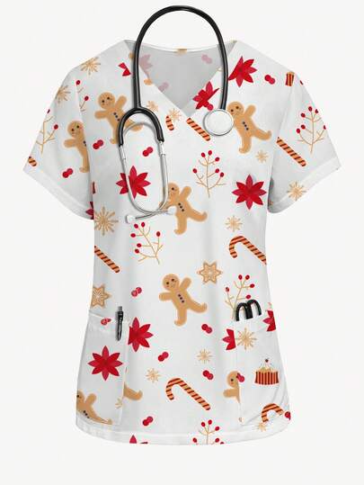 PopScrub 圣诞姜饼人和植物卡通印花V领短袖女式时尚制服上衣