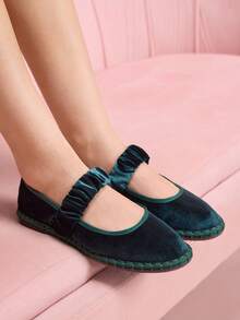 CUCCOO DOLLMOD Women's Dark Green Elegant Velvet Classic Comfortable Velvet Pleated Elastic Mary Jane Flat Shoes Spring Shoes - Dark Green - View 6