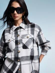 GENKIRA Áo khoác tay dài thường ngày có túi trước in họa tiết kẻ caro ngẫu nhiên - Đen và trắng - Xem 4