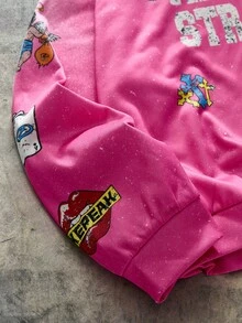 AXEPEAK Men's Letter & Cross Print Loose Fit Casual Hoodie Sweatshirt - Hot Pink - View 4