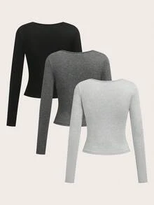 SHEIN EZwear Set de 3 camisetas de manga larga de cuello ancho y ajustadas de estilo casual para mujer, adecuadas para primavera y otoño