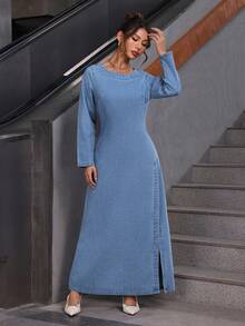 SHEIN PETITE 女式休闲性感时尚高开叉牛仔连衣裙，春秋