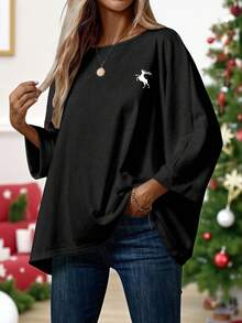 EMERY ROSE Áo thun nữ thêu hình tuần lộc tối giản giản dị cho mùa Giáng sinh, phù hợp cho mùa thu/đông - Nhiều màu - Xem 5