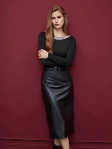 Maija Women's Elegant Rhinestone Embellished Long Sleeve Fitted T-Shirt, Spring/Autumn