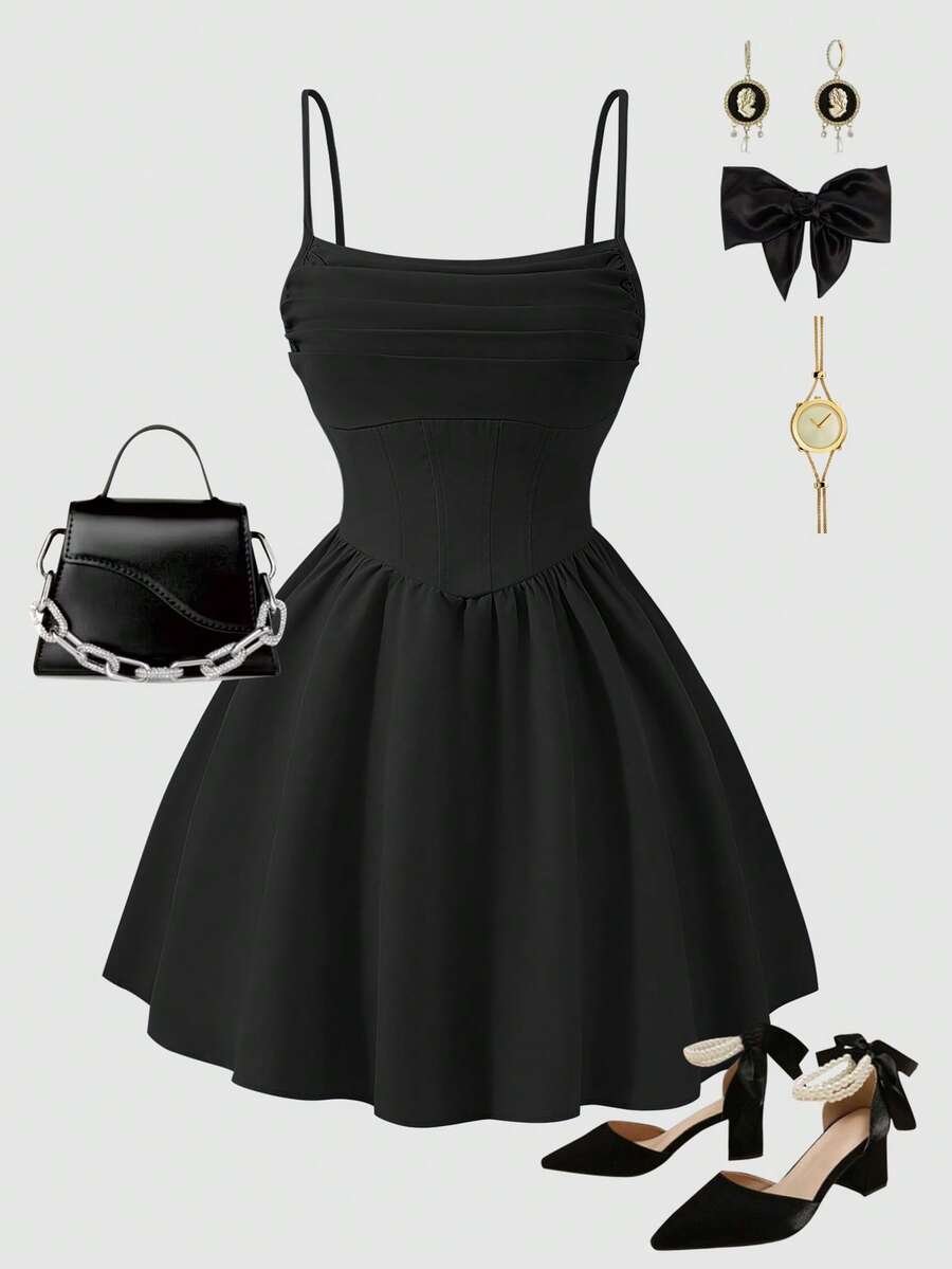 Teen Girl Solid Color Pleated Design Fashion Camisole Dress - Black - View 1
