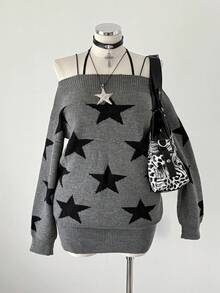 Sunspun Damen Große Größen Y2K Streetwear Stil Pentagramm Jacquard locker sitzendes Boot-Ausschnitt bequemes Strickkleid, geeignet für Herbst/Winter, Schulanfang, tägliche Fahrt, bestes Feriengeschenk für Halloween, Weihnachten - Grau - Übersicht 3